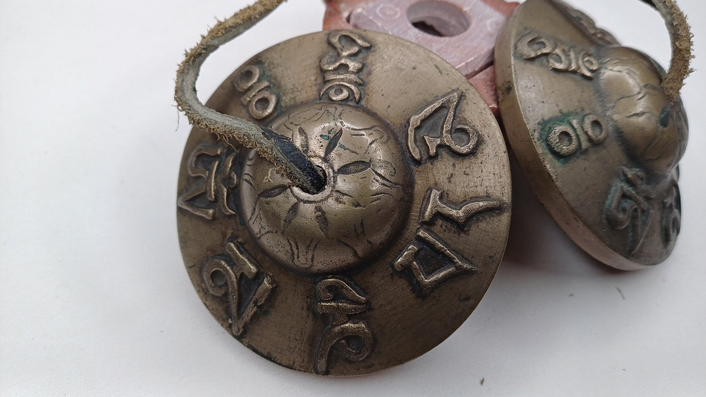 Vintage Rare Authentic Tibetan Mantra Om Mani Carved Tibetan Tingsha Bells,Handmade Tibetan Buddhist Ritual Cymbal,Yoga Sound Healing Tool