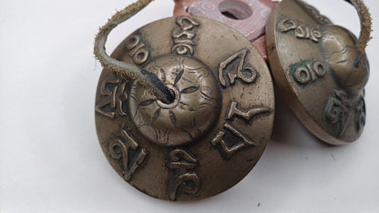 Vintage Rare Authentic Tibetan Mantra Om Mani Carved Tibetan Tingsha Bells,Handmade Tibetan Buddhist Ritual Cymbal,Yoga Sound Healing Tool