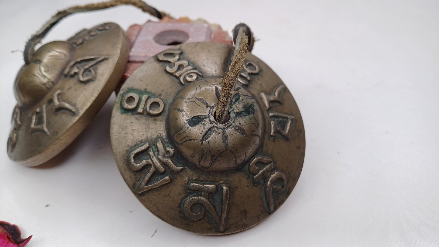 Vintage Rare Authentic Tibetan Mantra Om Mani Carved Tibetan Tingsha Bells,Handmade Tibetan Buddhist Ritual Cymbal,Yoga Sound Healing Tool