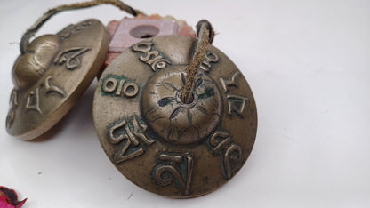 Vintage Rare Authentic Tibetan Mantra Om Mani Carved Tibetan Tingsha Bells,Handmade Tibetan Buddhist Ritual Cymbal,Yoga Sound Healing Tool