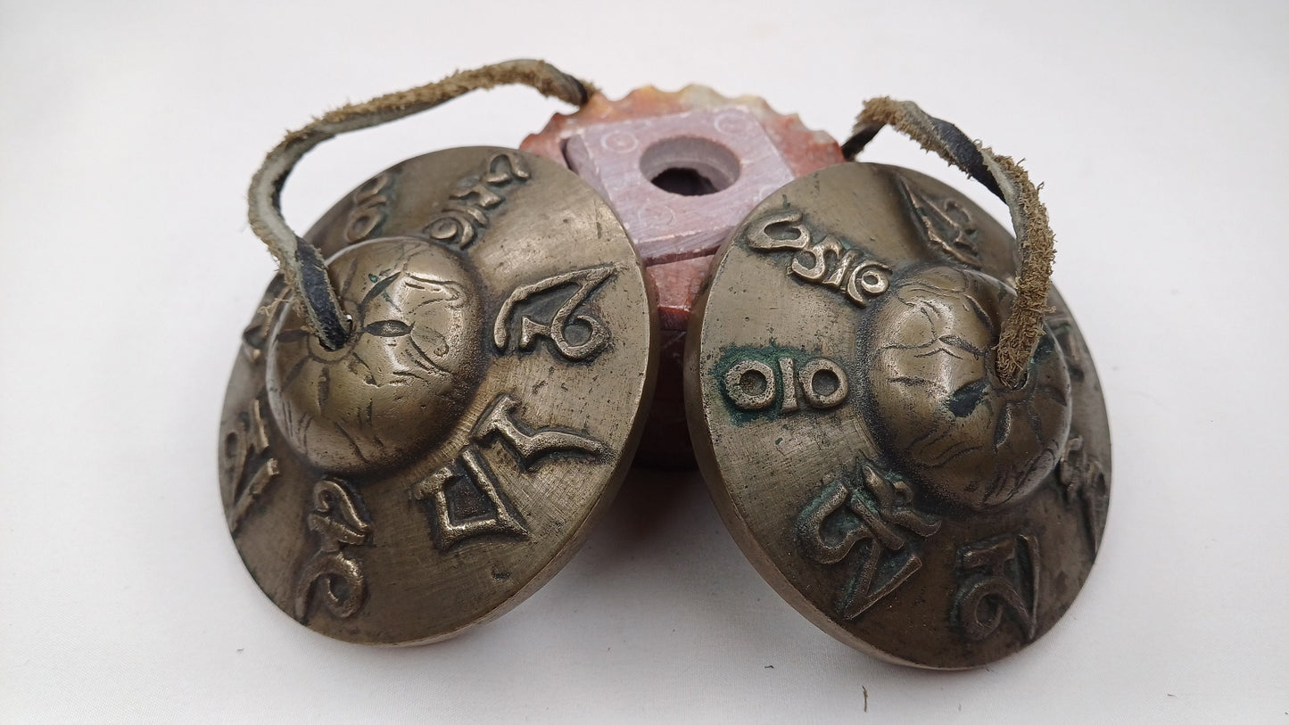 Vintage Rare Authentic Tibetan Mantra Om Mani Carved Tibetan Tingsha Bells,Handmade Tibetan Buddhist Ritual Cymbal,Yoga Sound Healing Tool