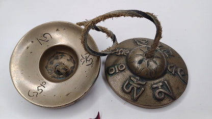 Vintage Rare Authentic Tibetan Mantra Om Mani Carved Tibetan Tingsha Bells,Handmade Tibetan Buddhist Ritual Cymbal,Yoga Sound Healing Tool