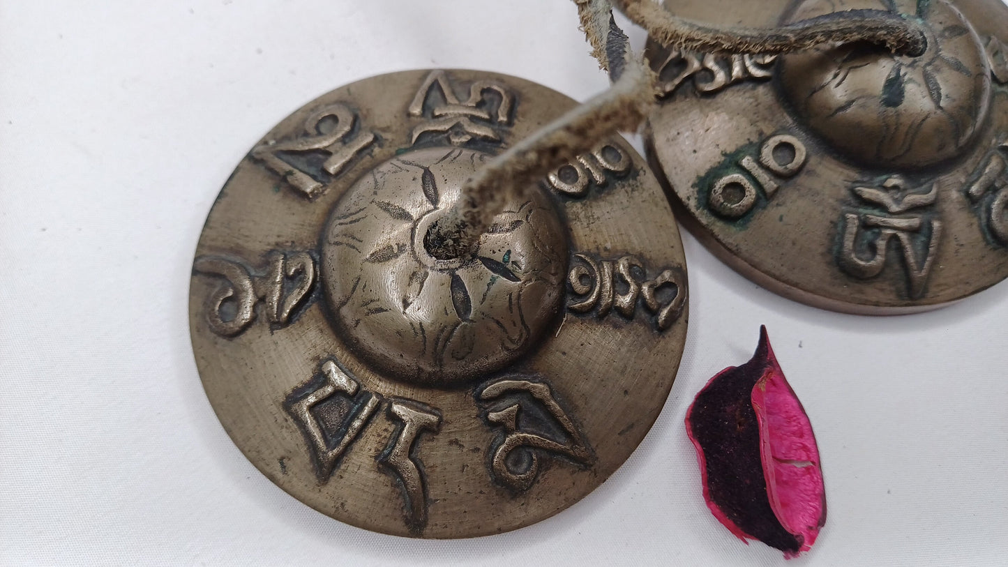 Vintage Rare Authentic Tibetan Mantra Om Mani Carved Tibetan Tingsha Bells,Handmade Tibetan Buddhist Ritual Cymbal,Yoga Sound Healing Tool