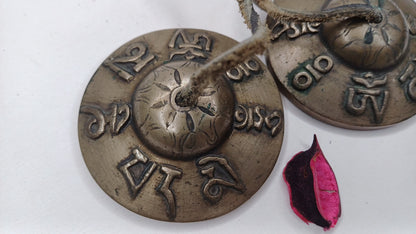 Vintage Rare Authentic Tibetan Mantra Om Mani Carved Tibetan Tingsha Bells,Handmade Tibetan Buddhist Ritual Cymbal,Yoga Sound Healing Tool