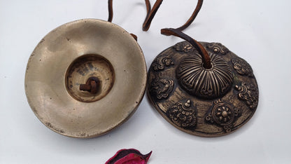 Vintage Rare Authentic Large 8 Auspicious Signs Carved Tibetan Tingsha Bells,Handmade Tibetan Buddhist Ritual Cymbal,Yoga Sound Healing Tool