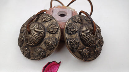 Vintage Rare Authentic Large 8 Auspicious Signs Carved Tibetan Tingsha Bells,Handmade Tibetan Buddhist Ritual Cymbal,Yoga Sound Healing Tool