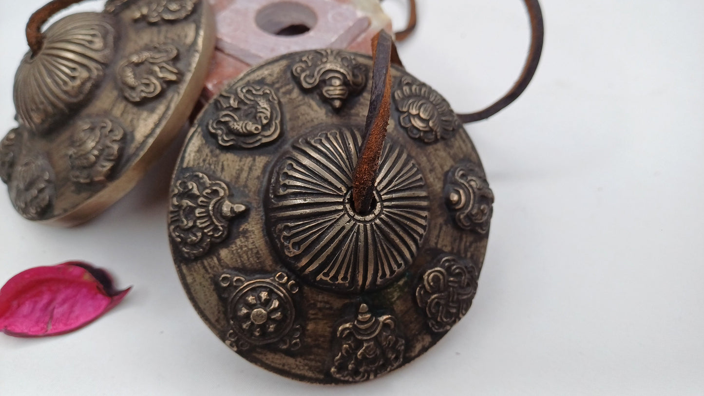 Vintage Rare Authentic Large 8 Auspicious Signs Carved Tibetan Tingsha Bells,Handmade Tibetan Buddhist Ritual Cymbal,Yoga Sound Healing Tool