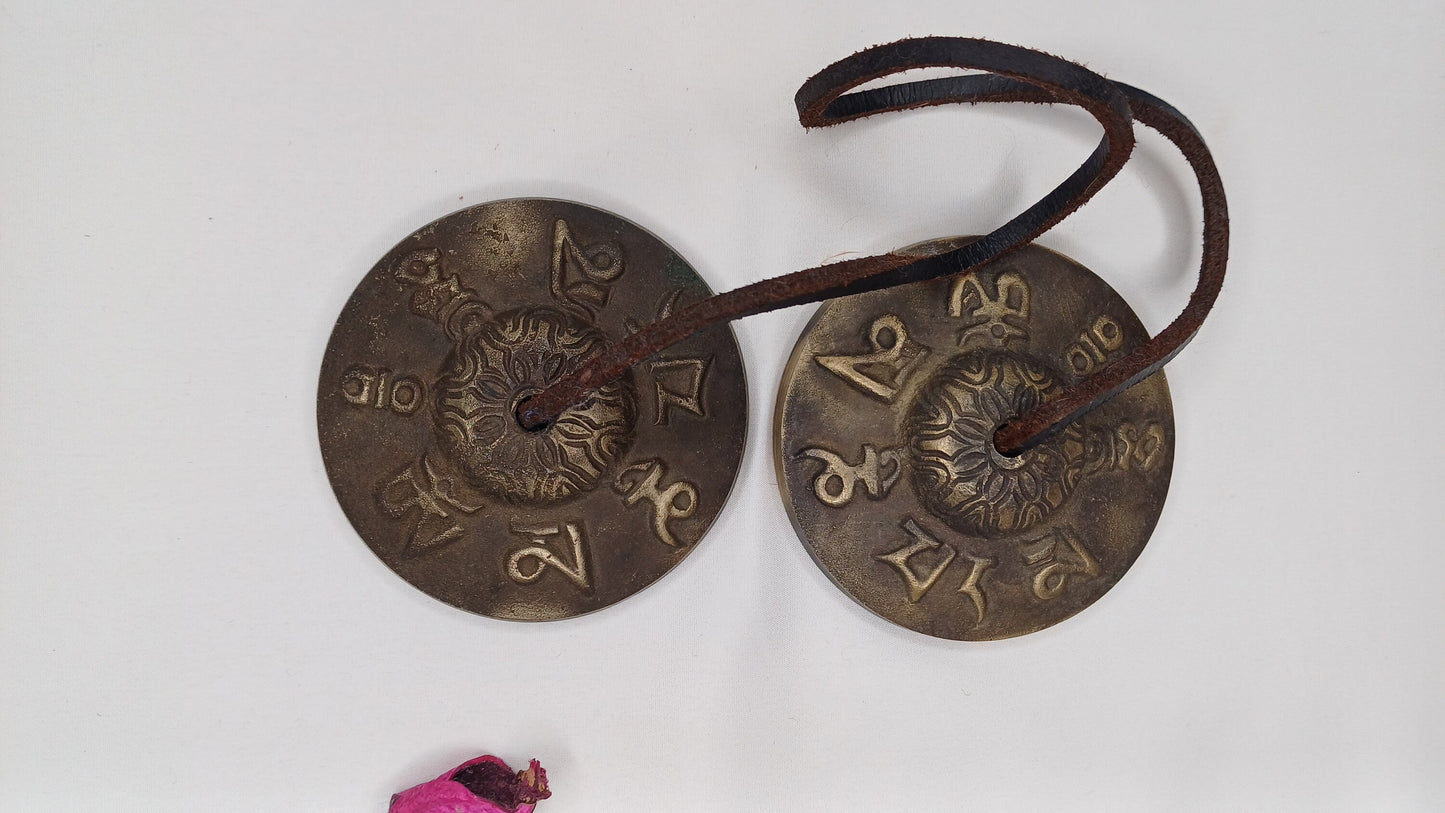 Vintage Rare Authentic Tibetan Mantra OM MANI Carved Tibetan Tingsha Bells,Handmade Tibetan Buddhist Ritual Cymbal,Yoga Sound Healing Tool