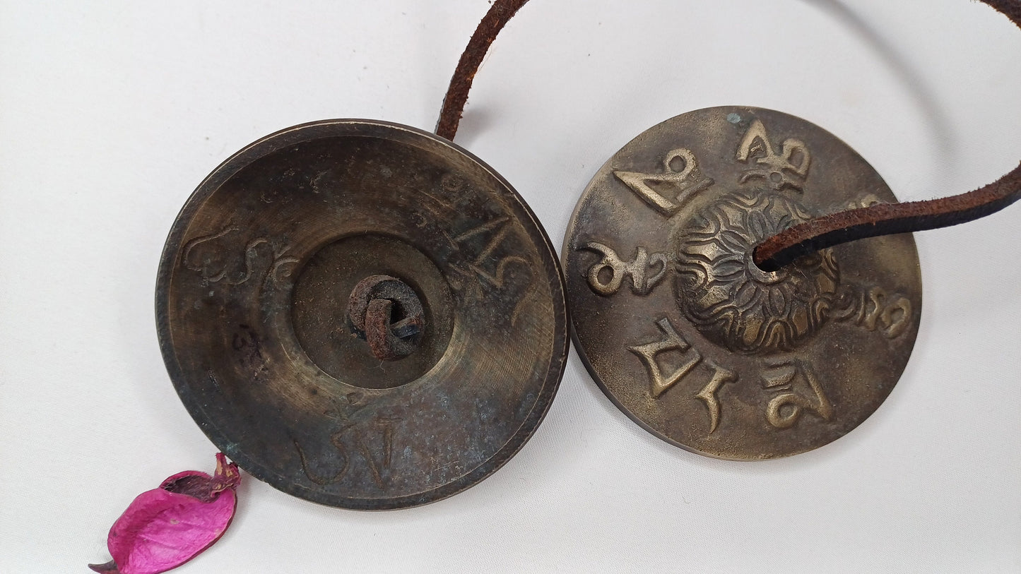 Vintage Rare Authentic Tibetan Mantra OM MANI Carved Tibetan Tingsha Bells,Handmade Tibetan Buddhist Ritual Cymbal,Yoga Sound Healing Tool