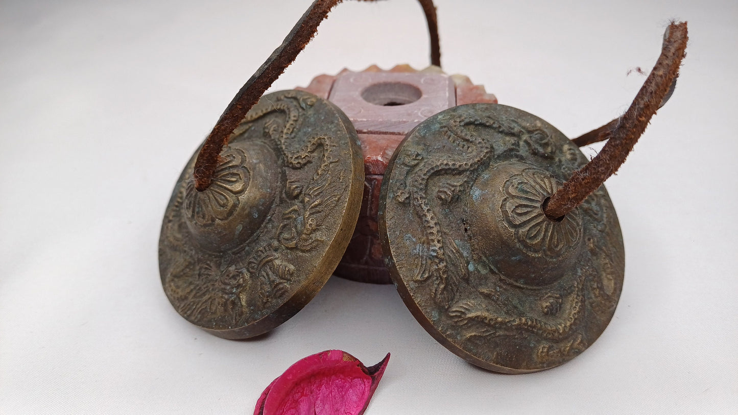 Vintage Rare Authentic Small  Dragon Carved Tibetan Tingsha Bells,Handmade Tibetan Buddhist Ritual Cymbal,Yoga Meditation Sound Healing Tool