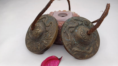 Vintage Rare Authentic Small  Dragon Carved Tibetan Tingsha Bells,Handmade Tibetan Buddhist Ritual Cymbal,Yoga Meditation Sound Healing Tool