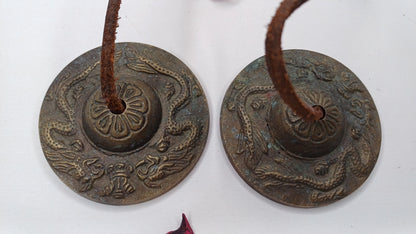Vintage Rare Authentic Small  Dragon Carved Tibetan Tingsha Bells,Handmade Tibetan Buddhist Ritual Cymbal,Yoga Meditation Sound Healing Tool
