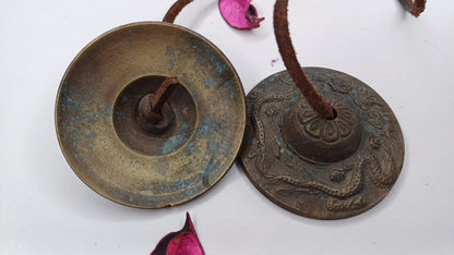 Vintage Rare Authentic Small  Dragon Carved Tibetan Tingsha Bells,Handmade Tibetan Buddhist Ritual Cymbal,Yoga Meditation Sound Healing Tool
