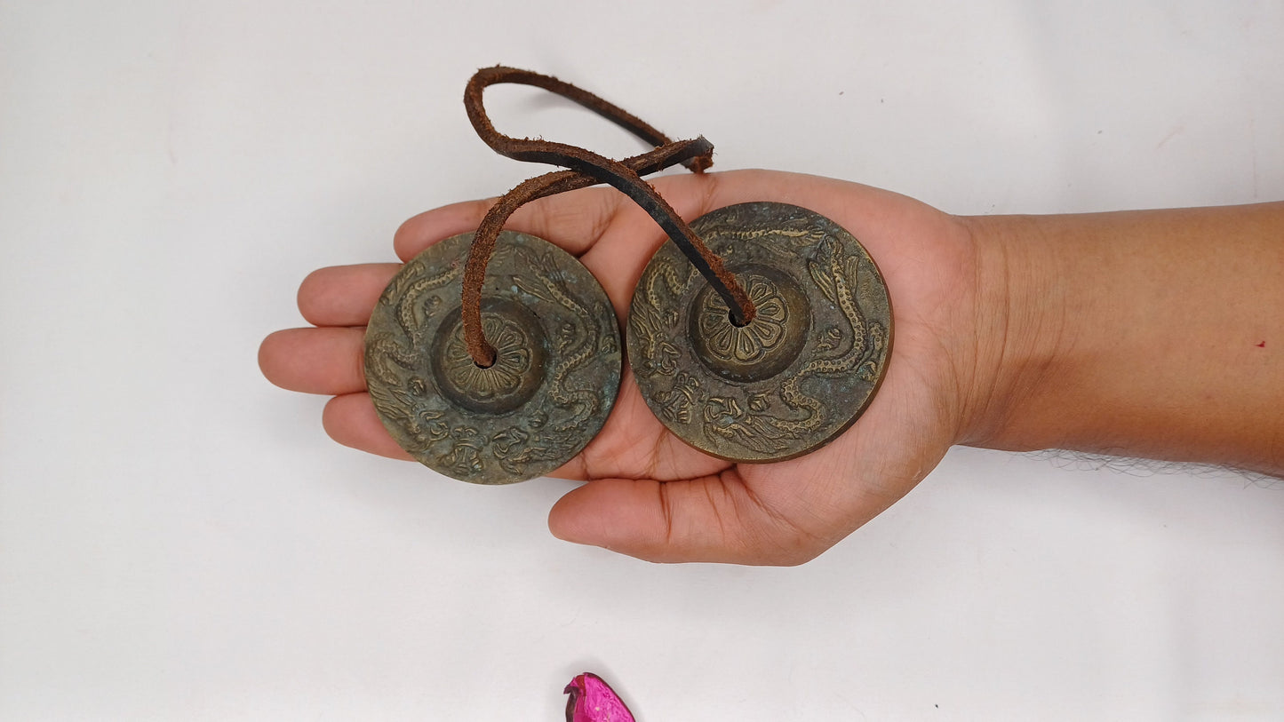 Vintage Rare Authentic Small  Dragon Carved Tibetan Tingsha Bells,Handmade Tibetan Buddhist Ritual Cymbal,Yoga Meditation Sound Healing Tool