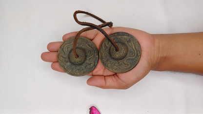 Vintage Rare Authentic Small  Dragon Carved Tibetan Tingsha Bells,Handmade Tibetan Buddhist Ritual Cymbal,Yoga Meditation Sound Healing Tool