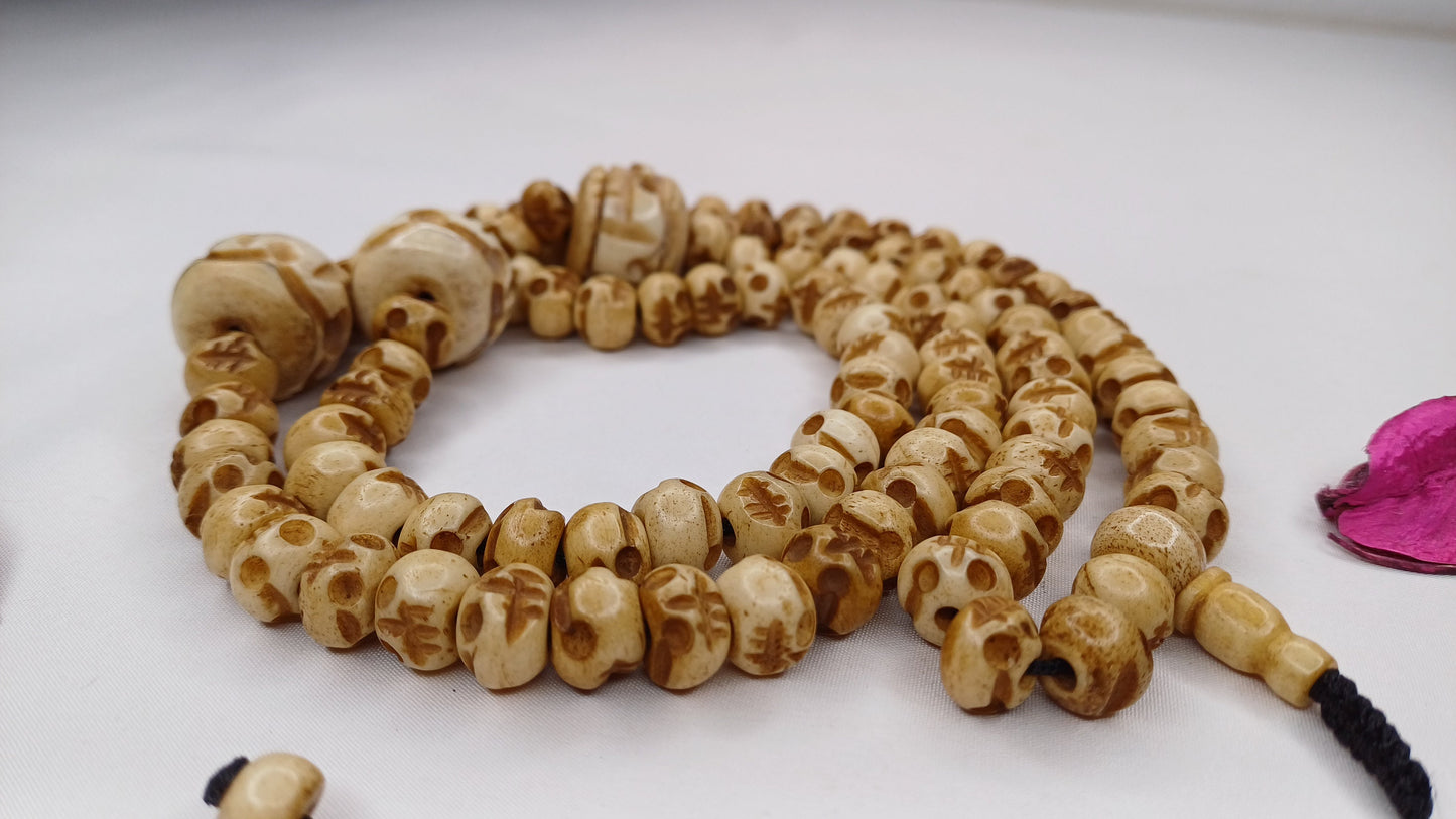 108 Handcarved Skull Bone  Beads,Bone Meditation Mala, Antique bone necklace,Ethnic Bone Jewellery,Tibetan Buddhist Prayer Skull Bone Mala,