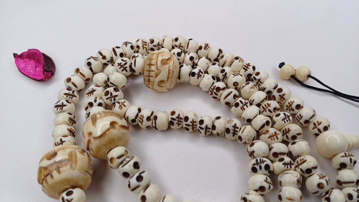 108 Handcarved Skull Bone  Beads,Bone Meditation Mala, Antique bone necklace,Ethnic Bone Jewellery,Tibetan Buddhist Prayer Skull Bone Mala,