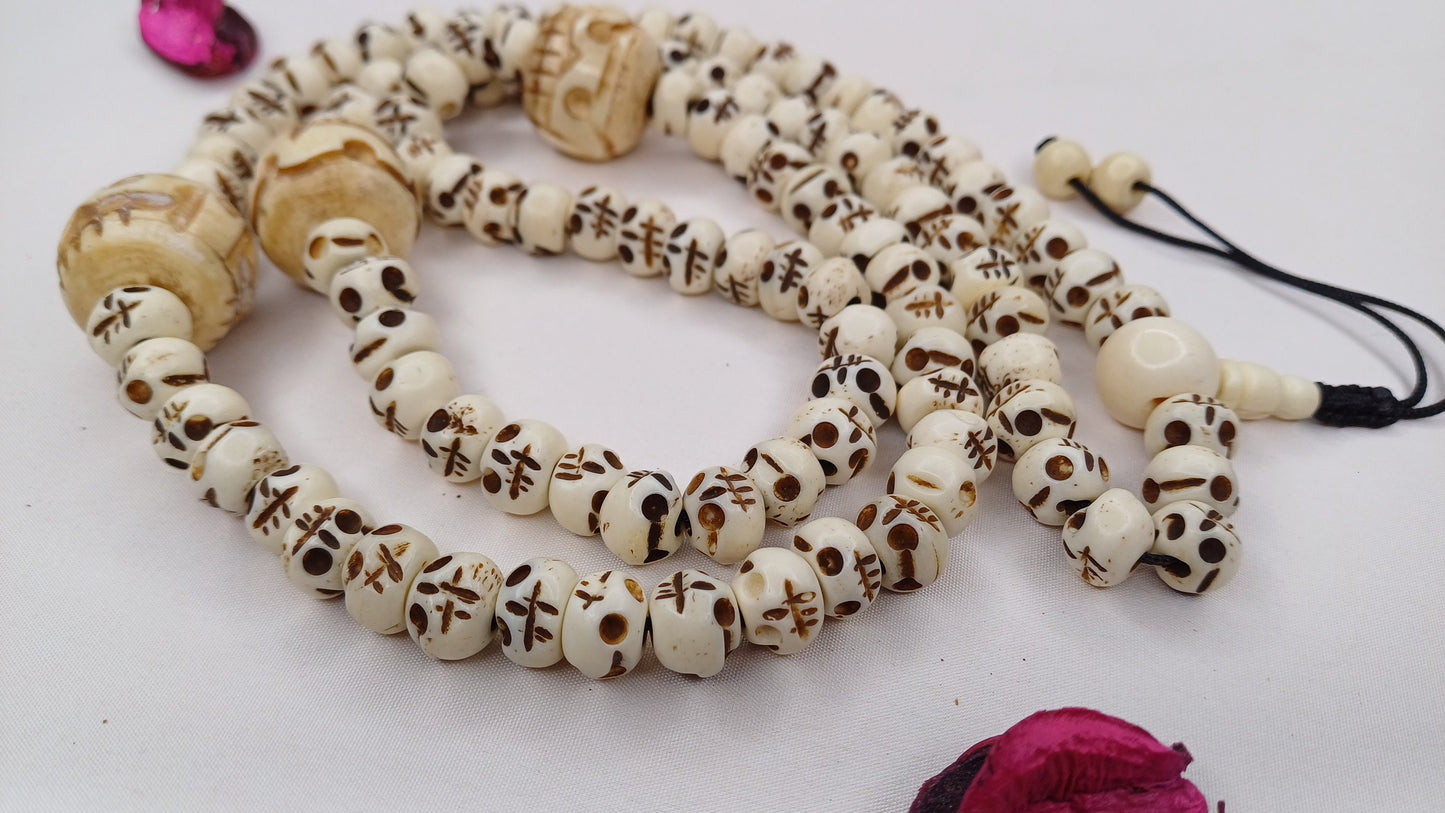 108 Handcarved Skull Bone  Beads,Bone Meditation Mala, Antique bone necklace,Ethnic Bone Jewellery,Tibetan Buddhist Prayer Skull Bone Mala,