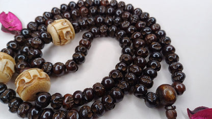 108 Handcarved Skull Bone  Beads,Bone Meditation Mala, Antique bone necklace,Ethnic Bone Jewellery,Tibetan Buddhist Prayer Skull Bone Mala,