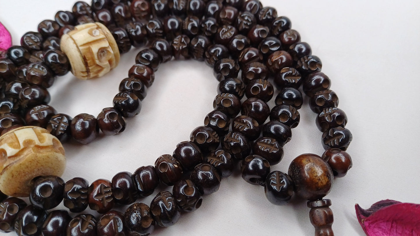108 Handcarved Skull Bone  Beads,Bone Meditation Mala, Antique bone necklace,Ethnic Bone Jewellery,Tibetan Buddhist Prayer Skull Bone Mala,