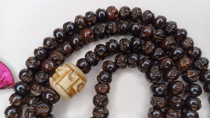 108 Handcarved Skull Bone  Beads,Bone Meditation Mala, Antique bone necklace,Ethnic Bone Jewellery,Tibetan Buddhist Prayer Skull Bone Mala,