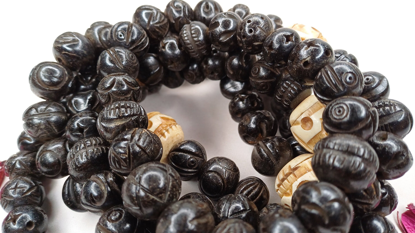 Vintage 108 Large Black Handcrafted Buddhist Tibetan Yak Bone Prayer Mala,Himalayan Yoga Meditation BoneBeads,Ethnic Bone Necklace/Jewellery