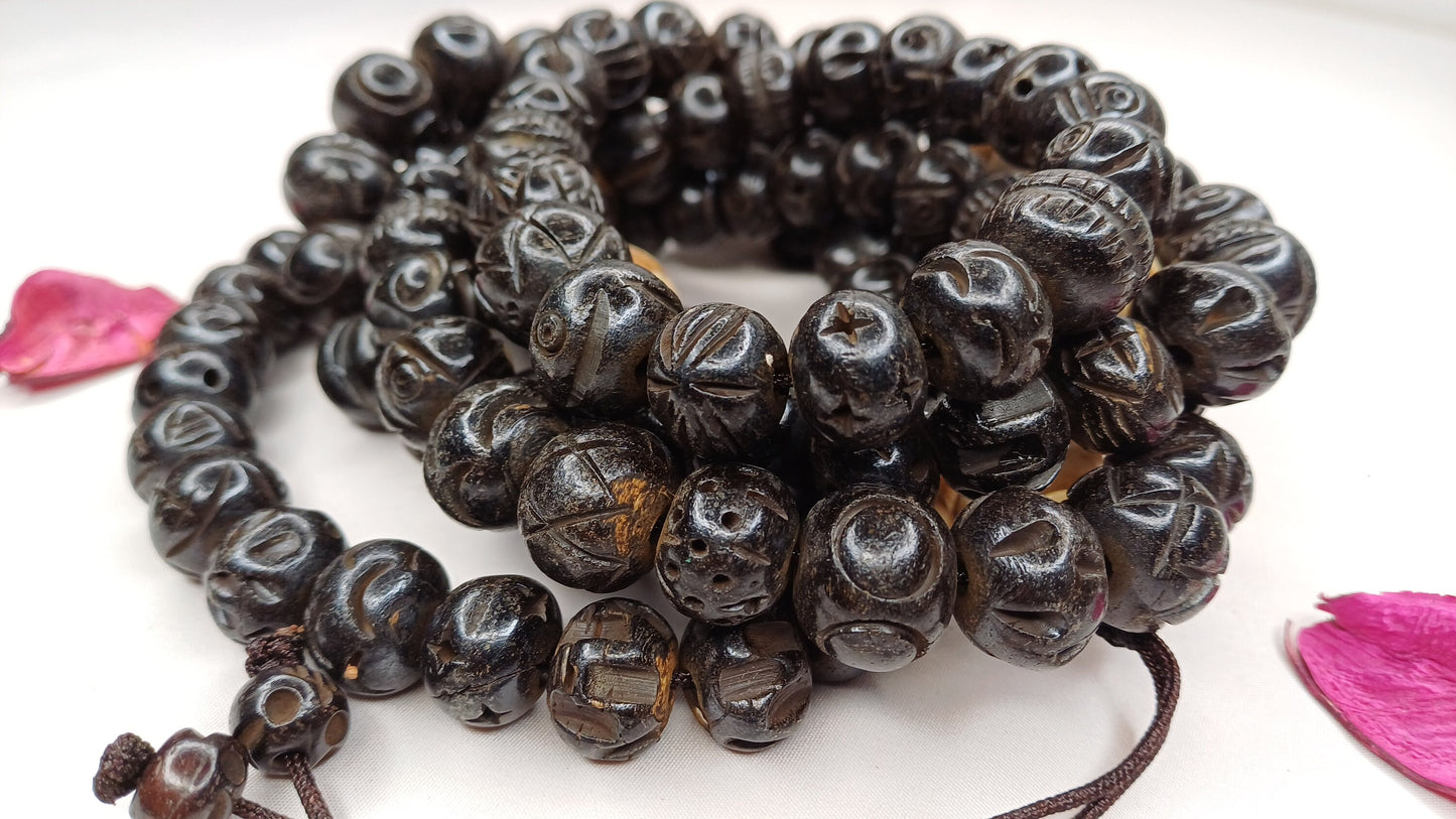 Vintage 108 Large Black Handcrafted Buddhist Tibetan Yak Bone Prayer Mala,Himalayan Yoga Meditation BoneBeads,Ethnic Bone Necklace/Jewellery