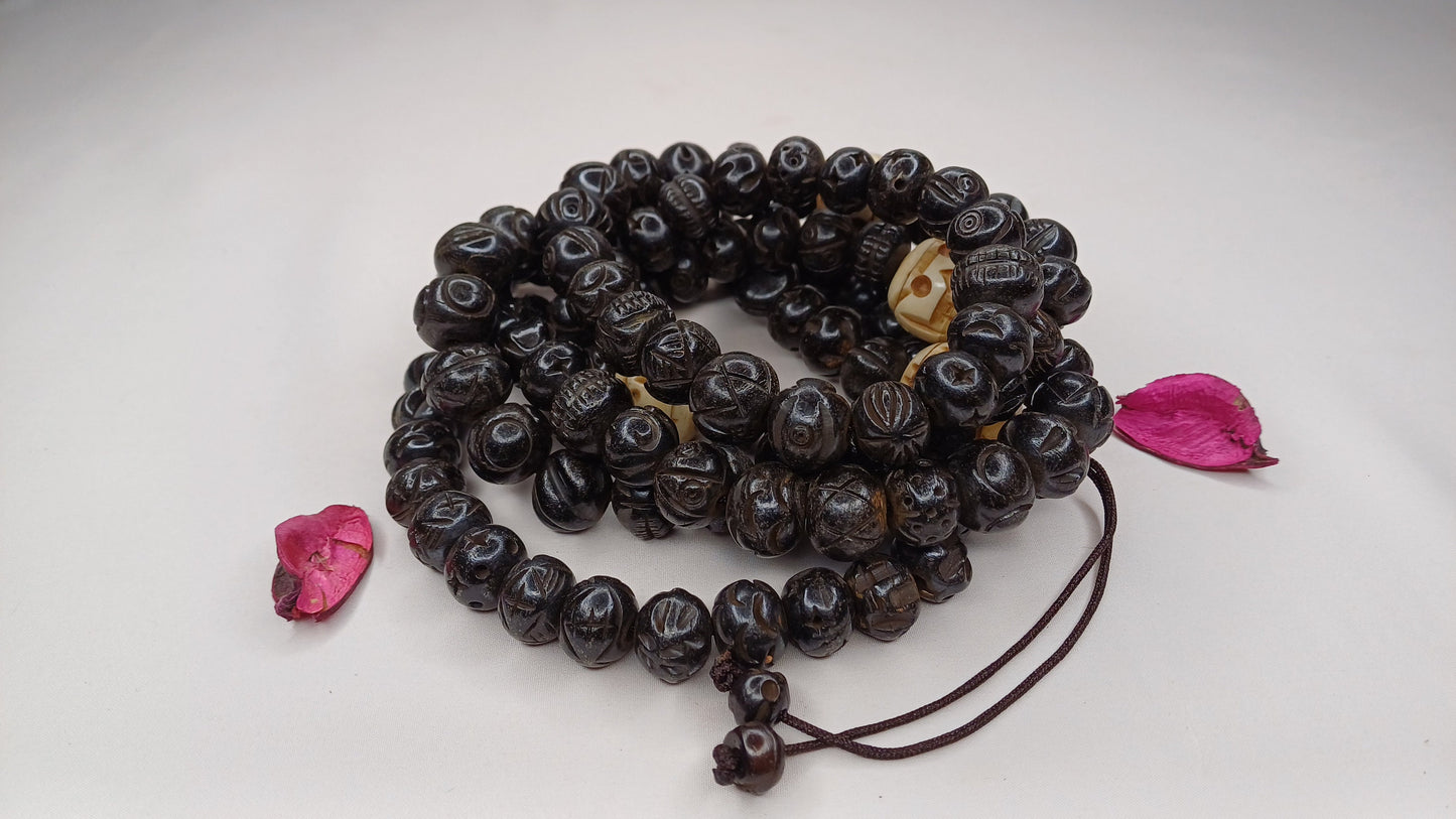 Vintage 108 Large Black Handcrafted Buddhist Tibetan Yak Bone Prayer Mala,Himalayan Yoga Meditation BoneBeads,Ethnic Bone Necklace/Jewellery