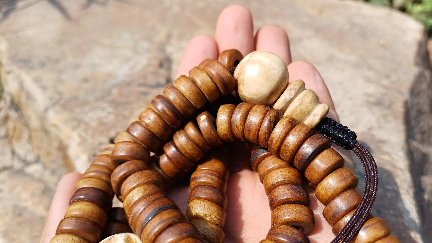 108 12mm Antique Gandhara Hand-carved Original Yak Bone Tibetan Buddhist Prayer Beads,Vintage Rosary Mala,Disk Shaped Yak Kapala Bone Mala