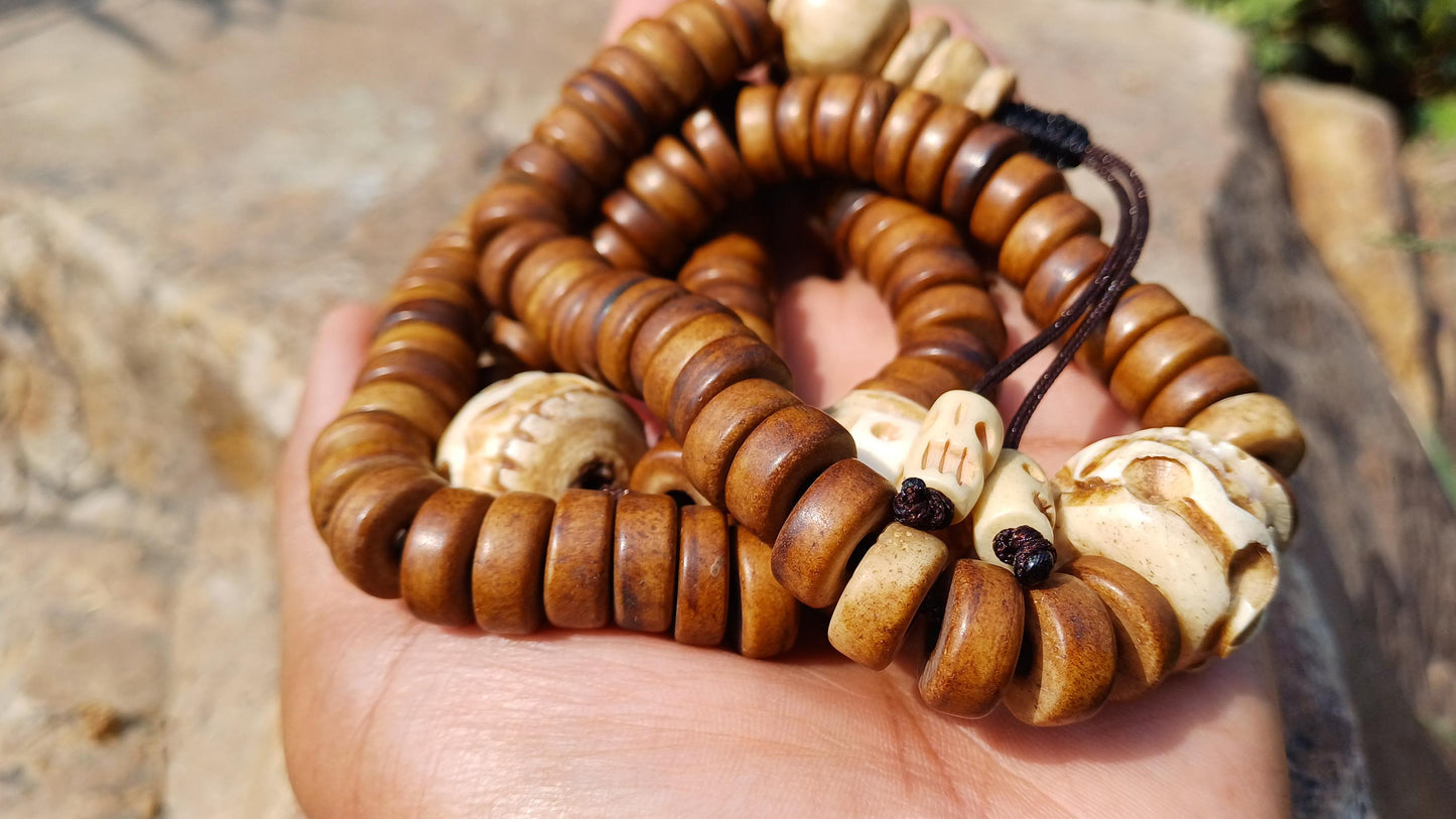 108 12mm Antique Gandhara Hand-carved Original Yak Bone Tibetan Buddhist Prayer Beads,Vintage Rosary Mala,Disk Shaped Yak Kapala Bone Mala
