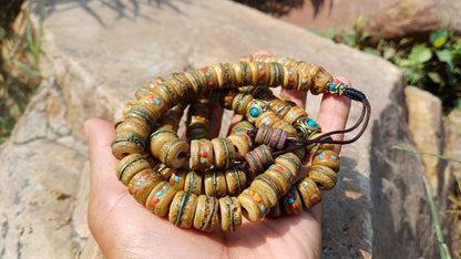 108 12mm Antique Gandhara Hand-carved Original Yak Bone Tibetan Buddhist Prayer Beads,Vintage Rosary Mala,Disk Shaped Yak Kapala Bone Mala