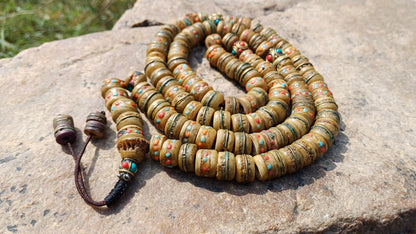 108 12mm Antique Gandhara Hand-carved Original Yak Bone Tibetan Buddhist Prayer Beads,Vintage Rosary Mala,Disk Shaped Yak Kapala Bone Mala