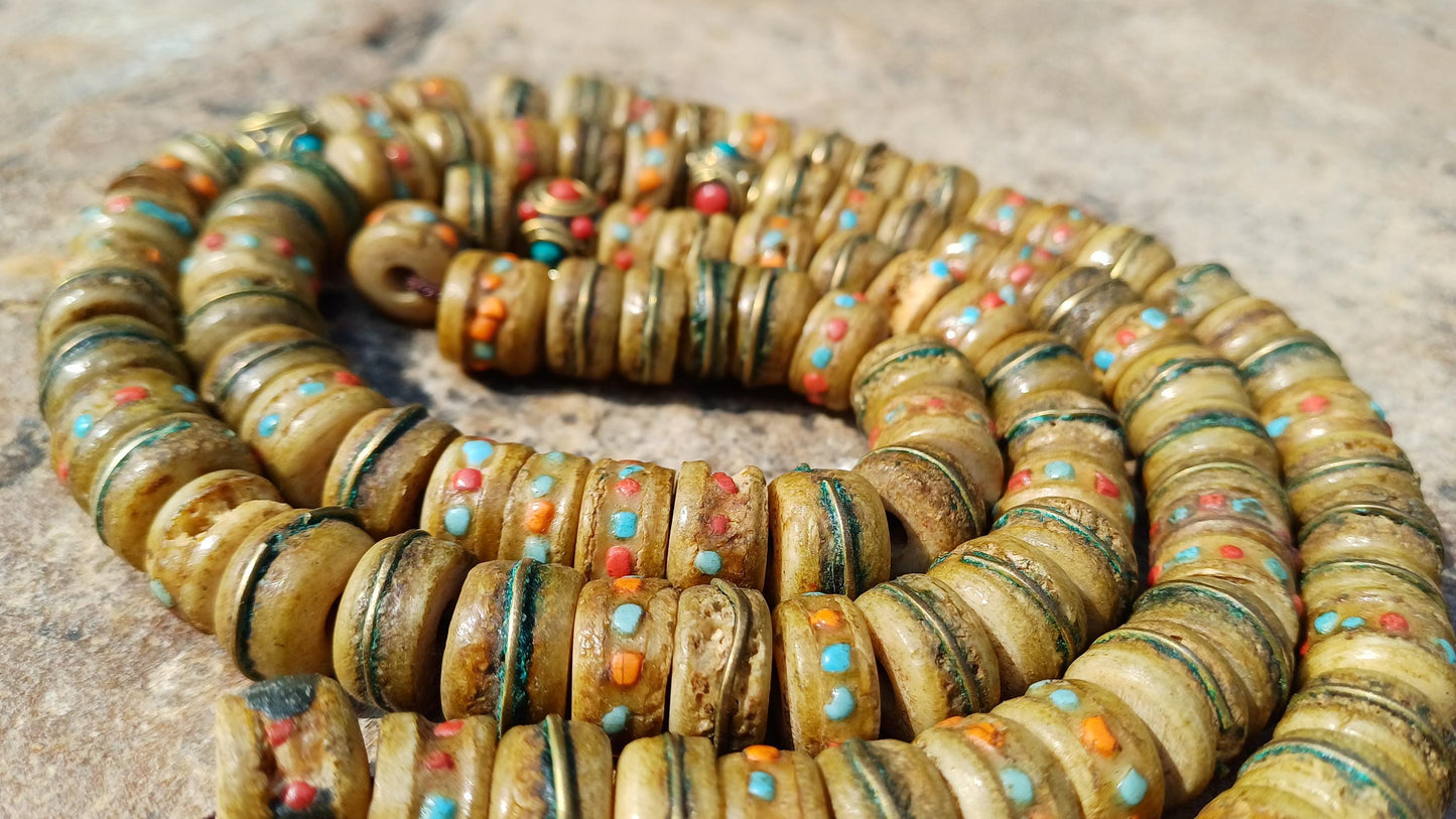 108 12mm Antique Gandhara Hand-carved Original Yak Bone Tibetan Buddhist Prayer Beads,Vintage Rosary Mala,Disk Shaped Yak Kapala Bone Mala