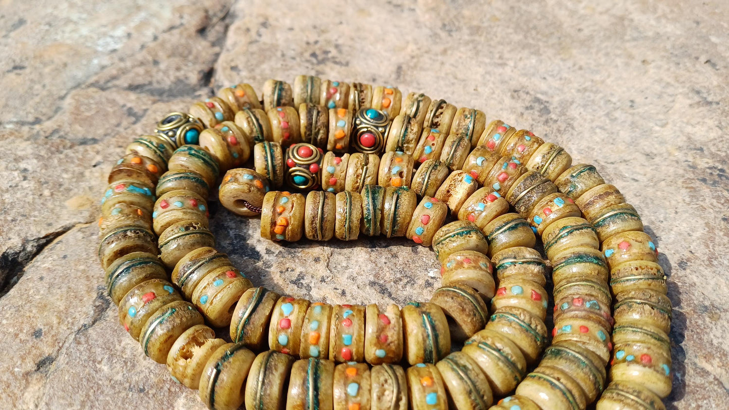 108 12mm Antique Gandhara Hand-carved Original Yak Bone Tibetan Buddhist Prayer Beads,Vintage Rosary Mala,Disk Shaped Yak Kapala Bone Mala