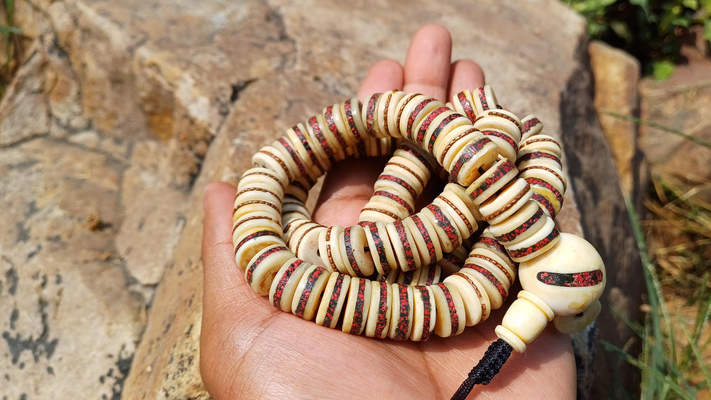 108 12mm Antique Gandhara Hand-carved Original Yak Bone Tibetan Buddhist Prayer Beads,Vintage Rosary Mala,Disk Shaped Yak Kapala Bone Mala