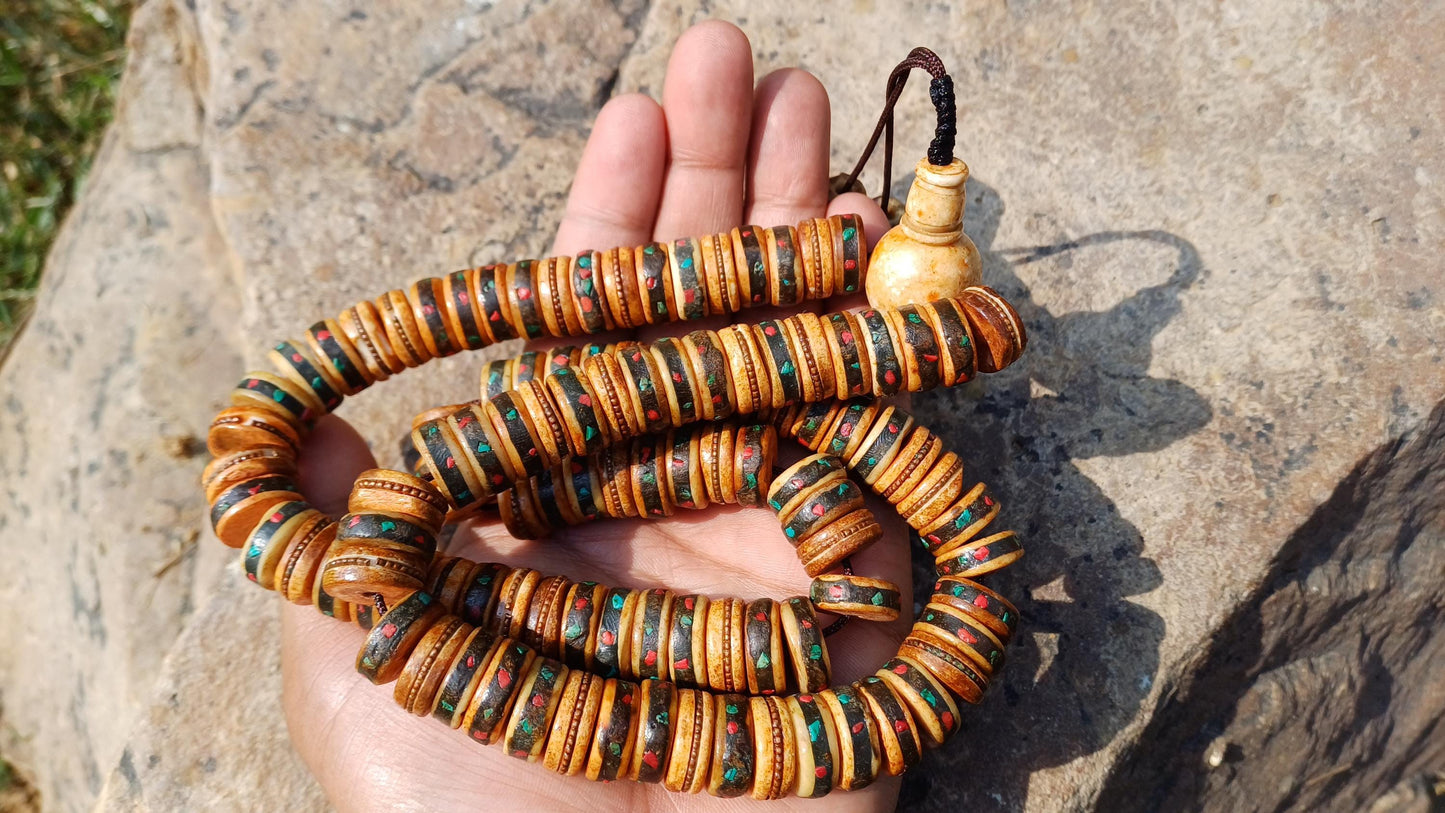 108 12mm Antique Gandhara Hand-carved Original Yak Bone Tibetan Buddhist Prayer Beads,Vintage Rosary Mala,Disk Shaped Yak Kapala Bone Mala
