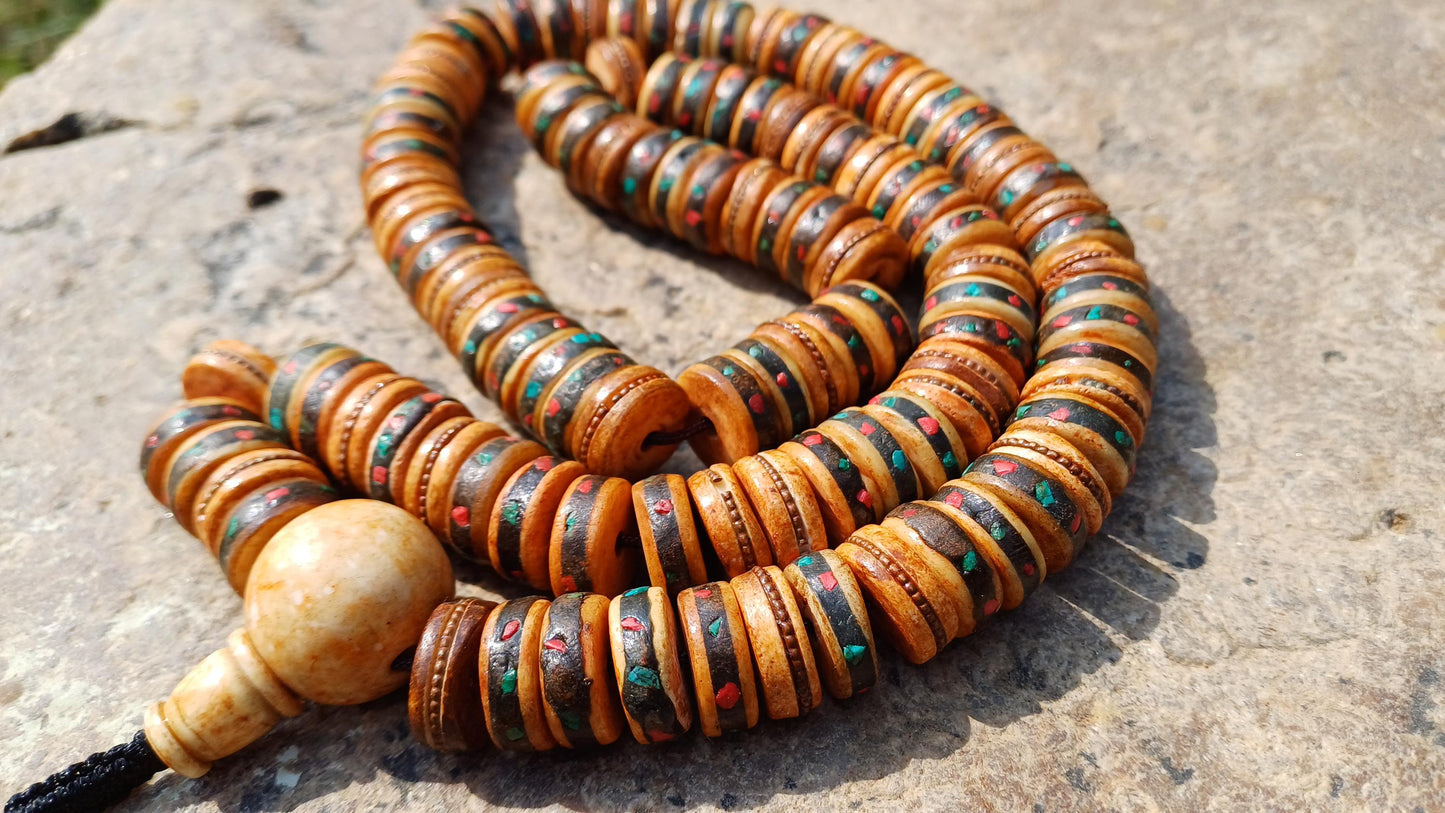 108 12mm Antique Gandhara Hand-carved Original Yak Bone Tibetan Buddhist Prayer Beads,Vintage Rosary Mala,Disk Shaped Yak Kapala Bone Mala