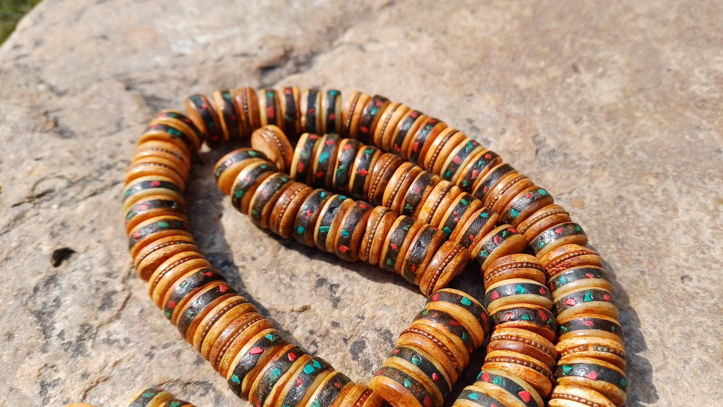 108 12mm Antique Gandhara Hand-carved Original Yak Bone Tibetan Buddhist Prayer Beads,Vintage Rosary Mala,Disk Shaped Yak Kapala Bone Mala