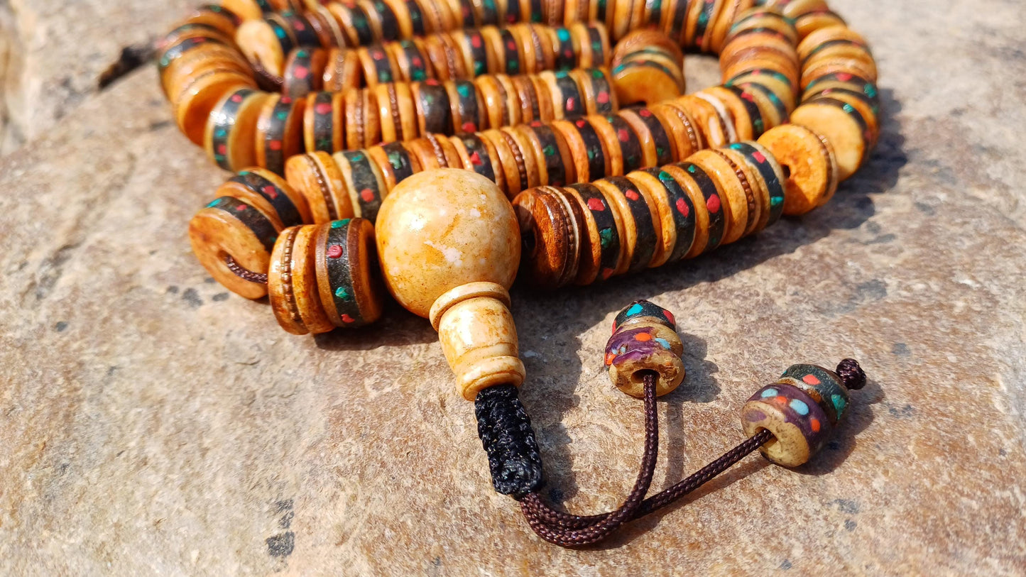 108 12mm Antique Gandhara Hand-carved Original Yak Bone Tibetan Buddhist Prayer Beads,Vintage Rosary Mala,Disk Shaped Yak Kapala Bone Mala