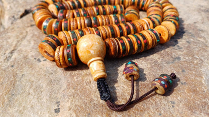 108 12mm Antique Gandhara Hand-carved Original Yak Bone Tibetan Buddhist Prayer Beads,Vintage Rosary Mala,Disk Shaped Yak Kapala Bone Mala