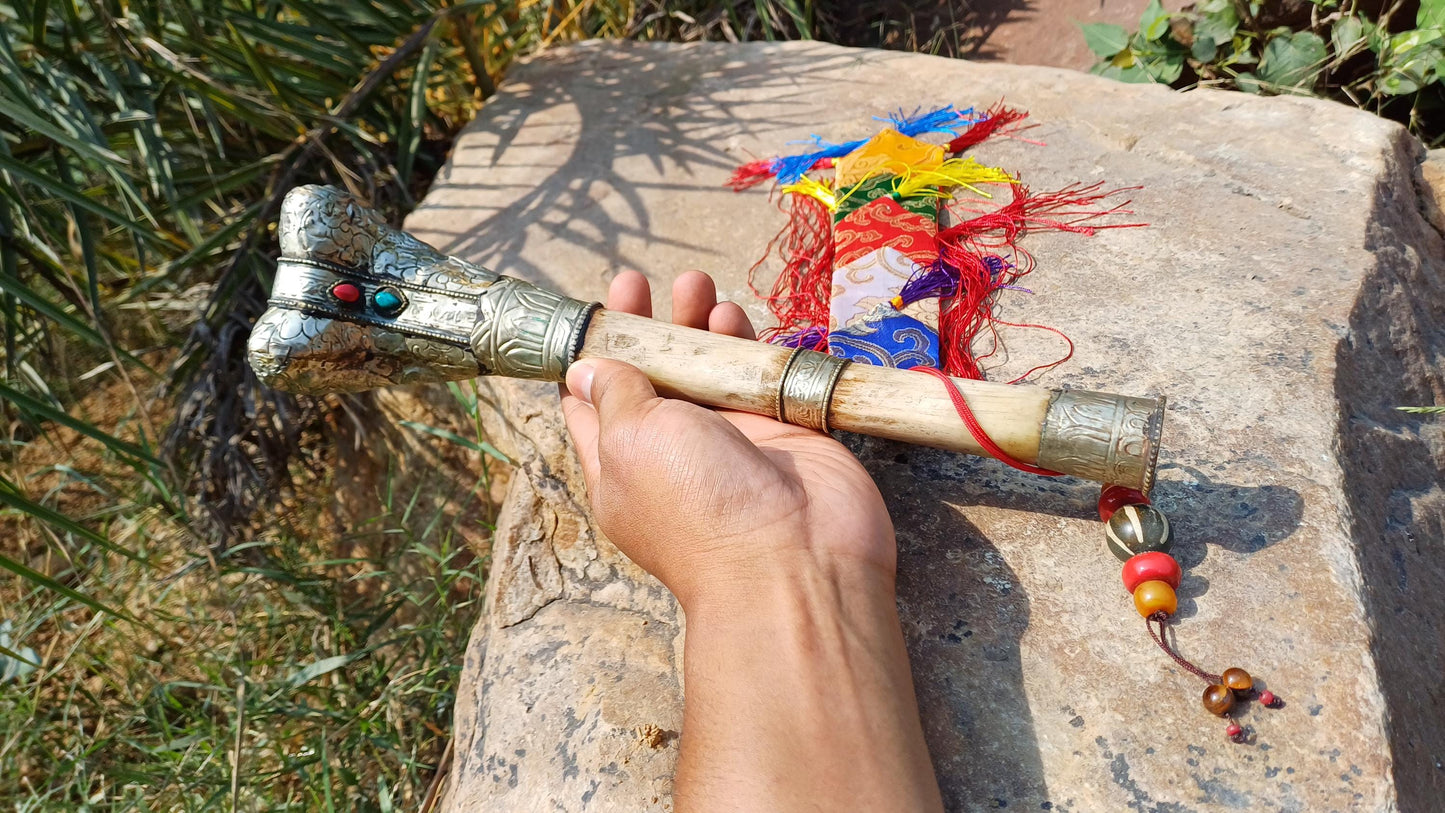 Vintage Bone Double Mahakala Hand Carved Silver Inlay Kangling Tibetan Ritual Trumpet,Used Traditional Tantrik Trumpet,Shaman  Buddhism Tool