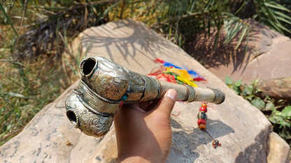 Vintage Bone Double Mahakala Hand Carved Silver Inlay Kangling Tibetan Ritual Trumpet,Used Traditional Tantrik Trumpet,Shaman  Buddhism Tool
