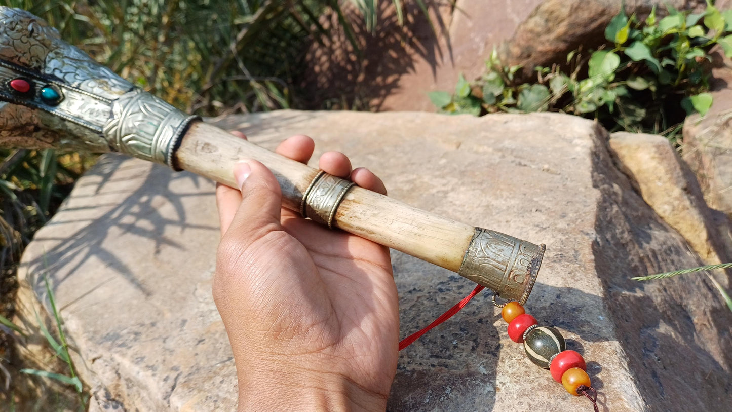 Vintage Bone Double Mahakala Hand Carved Silver Inlay Kangling Tibetan Ritual Trumpet,Used Traditional Tantrik Trumpet,Shaman  Buddhism Tool