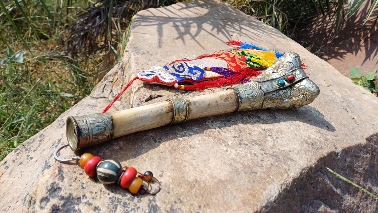 Vintage Bone Double Mahakala Hand Carved Silver Inlay Kangling Tibetan Ritual Trumpet,Used Traditional Tantrik Trumpet,Shaman  Buddhism Tool