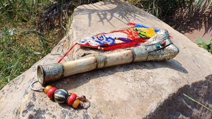 Vintage Bone Double Mahakala Hand Carved Silver Inlay Kangling Tibetan Ritual Trumpet,Used Traditional Tantrik Trumpet,Shaman  Buddhism Tool