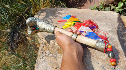 Vintage Bone Double Mahakala Hand Carved Silver Inlay Kangling Tibetan Ritual Trumpet,Used Traditional Tantrik Trumpet,Shaman  Buddhism Tool