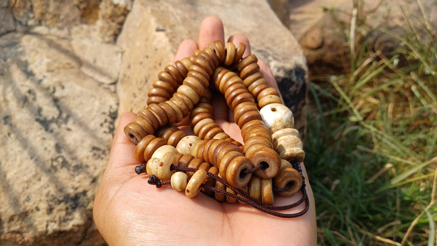 108 12mm Antique Gandhara Hand-carved Original Yak Bone Tibetan Buddhist Prayer Beads,Vintage Rosary Mala,Disk Shaped Yak Kapala Bone Mala