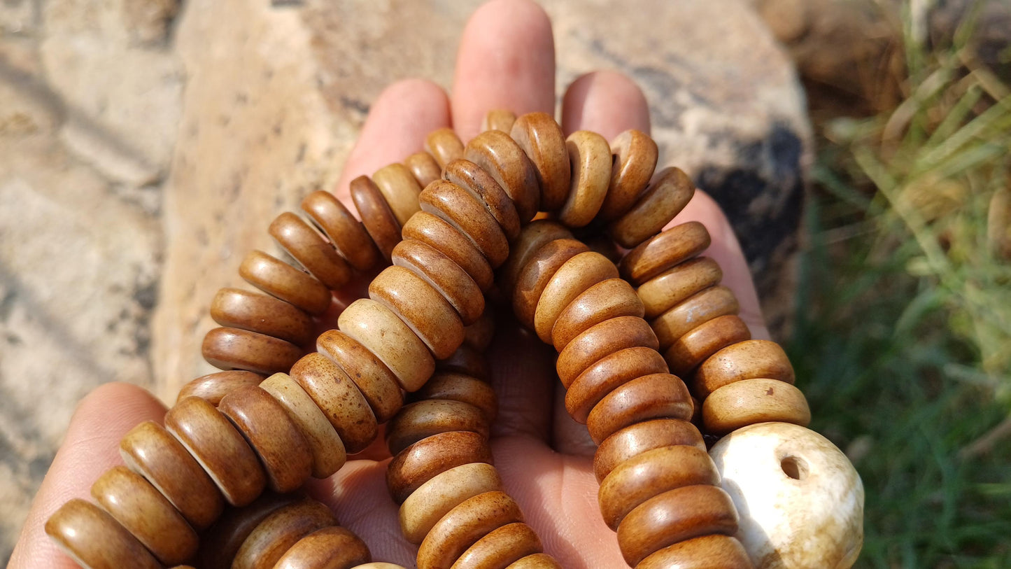 108 12mm Antique Gandhara Hand-carved Original Yak Bone Tibetan Buddhist Prayer Beads,Vintage Rosary Mala,Disk Shaped Yak Kapala Bone Mala