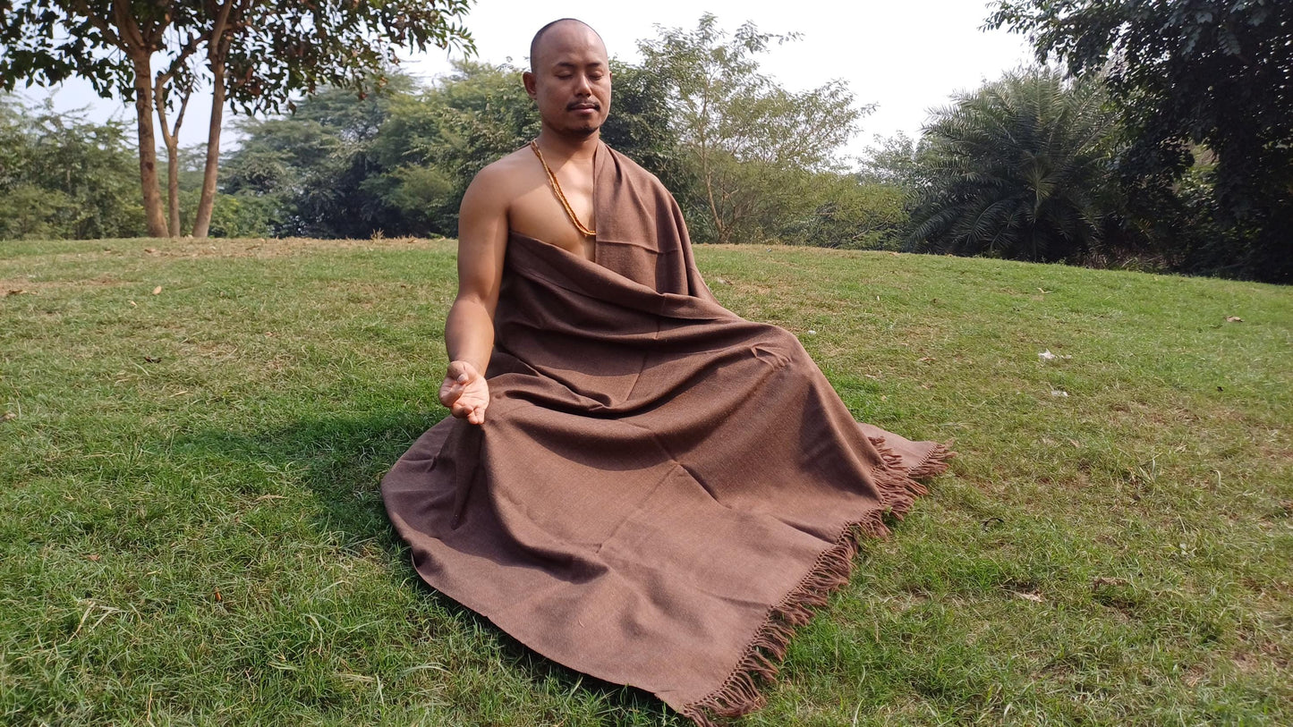 NARASIMHA Handwoven Brown Pure Himalayan Sheep Wool Meditation Shawl,Himalayan Prayer Blanket,Ethnic Indian Yoga Shawl,Wool Prayer Wrap/Zen