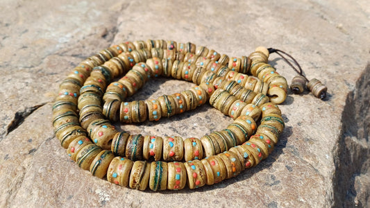 108 Antique Large Yak Bone Nepal Tibet Buddhist Prayer Beads,Vintage Turquoise Red Coral Inlay Rosary Mala,Disk Shaped Yak Kapala Bone Mala